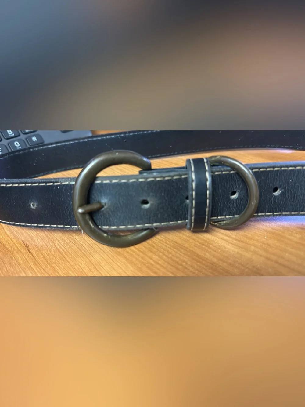 Classic Black Belt with Brass Round Buckle & Contrast Stitching - 1.5